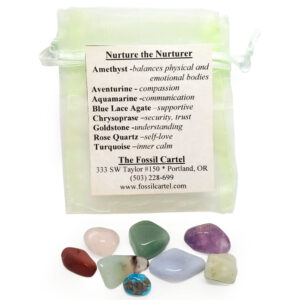 Stones to Nurture the Nuturer, includes one amethyst, aventurine, auquamarine, blue lace agate, chrysophrase, goldstone, rose quartz, and turquoise in a green fabric pouch.
