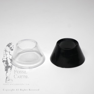 Black and clear acrylic cone stands against a white background