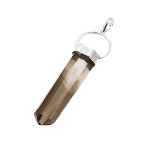 A simple smokey quartz crystal pendant with a sterling silver looped bail against a white background