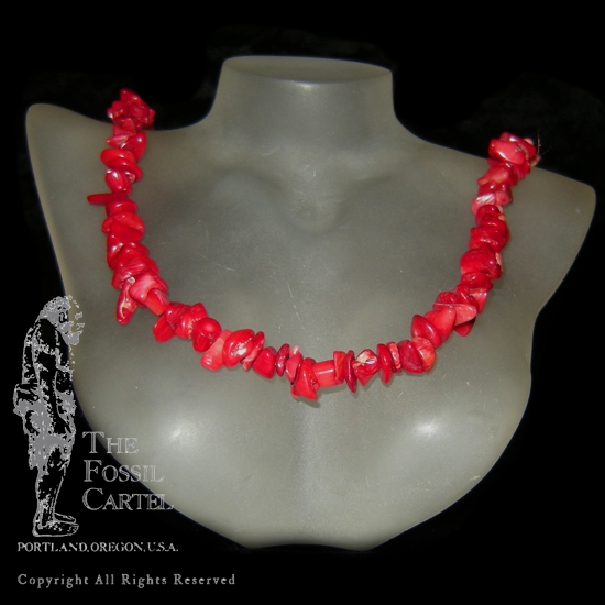 A red coral chip necklace against a black background
