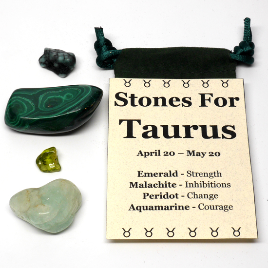 An astrological healing stone pouch for taurus featuring emerald, malachite, peridot, and aquamarine tumbled stones with a felt pouch against a white background