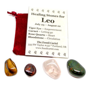 A healing pouch tailored towards the leo zodiac sign featuring tumbled tiger's eye, garnet, rose quartz, and bloodstone