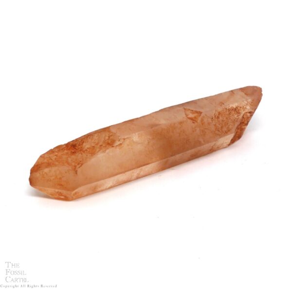 A clear quartz crystal with a rust-like coating due to iron.