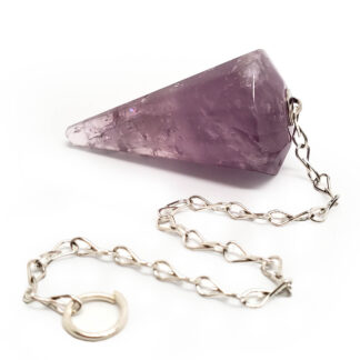 Amethyst pendulum on a metal chain against a white background