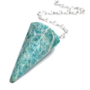 An amazonite pendulum on a metal chain against a white background