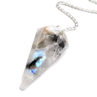 A rainbow moonstone pendulum on a metal chain against a white background