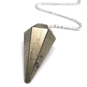 An iron pyrite pendulum on a metal chain against a white background