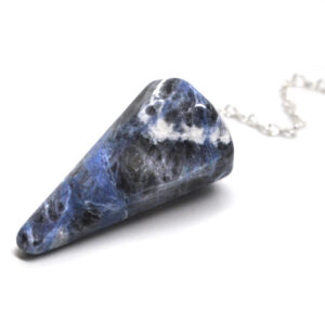 A sodalite pendulum on a metal chain against a white background