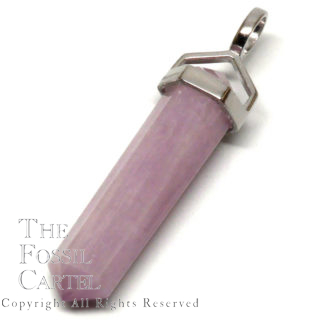 A simple crystal-shaped pendant made from a vogel cut kunzite set in sterling silver against a white background.