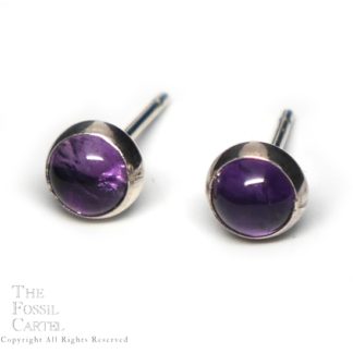 A pair of round amethyst stud earrings in sterling silver against a white background
