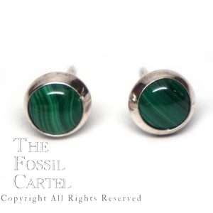 A pair of round malachite stud earrings in sterling silver against a white background