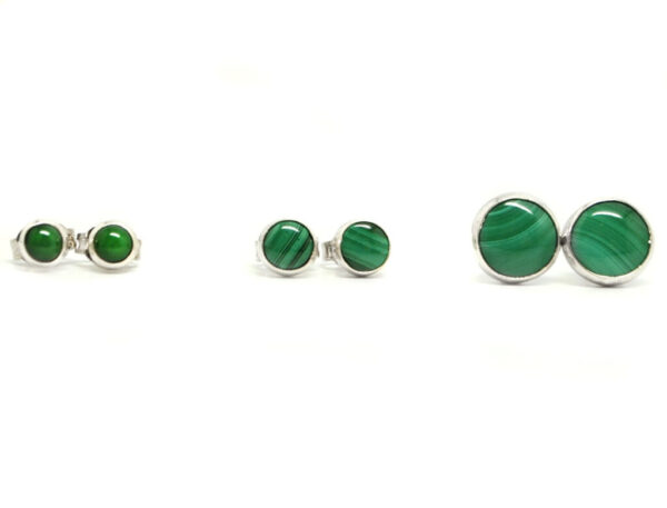 3 pairs of different sized malachite sterling silver stud earrings against a white background
