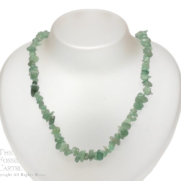A necklace made of tumbled green aventurine chips against a white background
