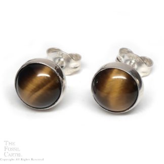 A pair of circular tiger eye cabochons set in simple sterling silver settings with sterling silver ear posts against a white background