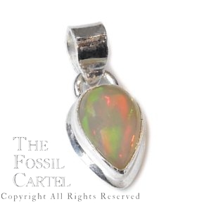A translucent Ethiopian opal pear-shaped cabochon set in a sterling silver pendant against a white background