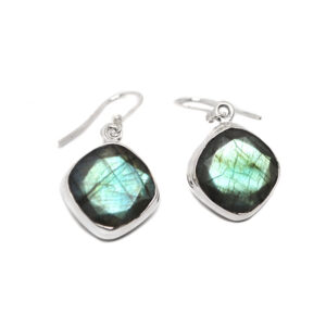 A pair of faceted labradorite sterling silver earrings against a white background