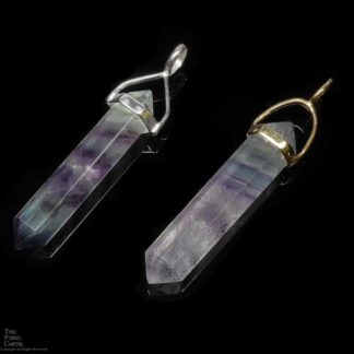 Two simple crystal shaped fluorite pendants in sterling silver or gold plated against a black background