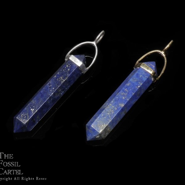 Two simple crystal shaped lapis lazuli pendants in sterling silver or gold plated against a black background