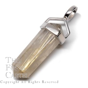 A simple crystal-shaped pendant made from a vogel cut rutilated quartz set in sterling silver against a white background.
