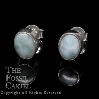 A pair of round sterling silver larimar stud earrings against a black background