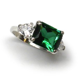 Mt. St. Helens Emerald Obsidianite East-West Emerald-Cut Sterling Silver Ring with CZ Accents