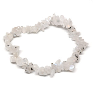 A rainbow moonstone chip bracelet against a white background