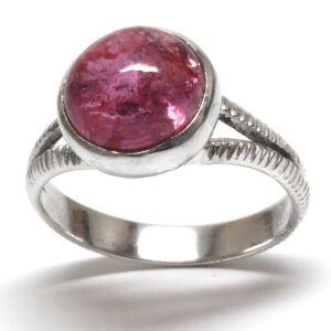 Pink Tourmaline Round Cabochon Sterling Silver Ring; Size 8