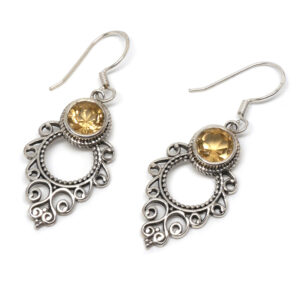 Citrine Round Decorative Sterling Silver Earrings