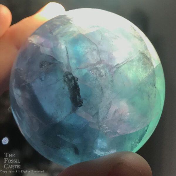 A rainbow fluorite sphere backlit to display its internal crystalline structure