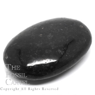 A black nuummite palm stone against a white background