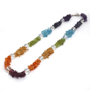 A chakra stone chip necklace with faceted quartz beads against a white background