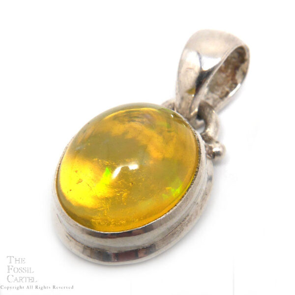 A translucent yellow Ethiopian opal oval-shaped cabochon set in a sterling silver pendant against a white background