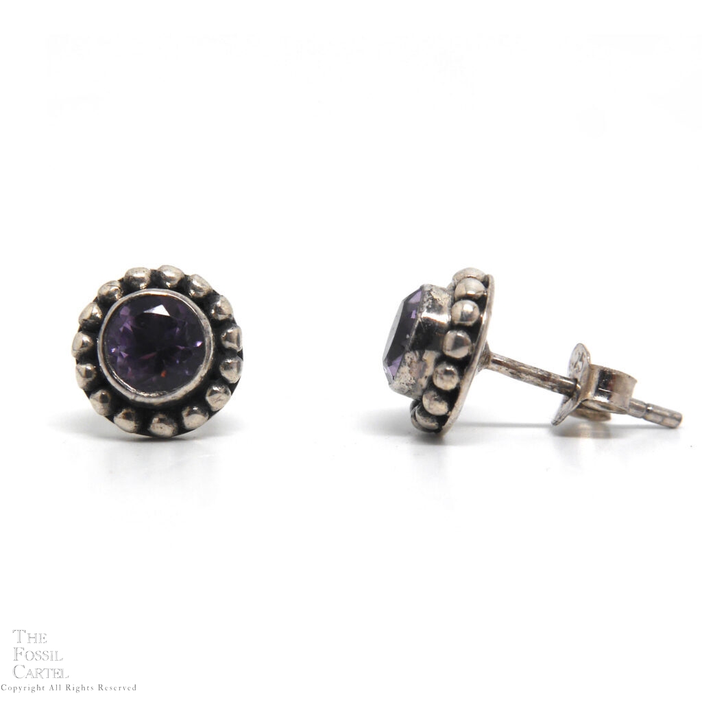 Amethyst Round Faceted Sterling Silver Stud Earrings - The Fossil Cartel