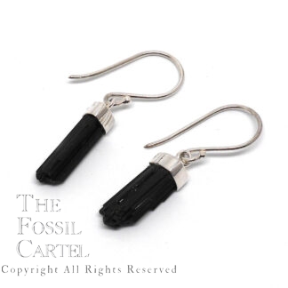 Pair of dangly black tourmaline crystal earrings set in sterling silver with french ear wires against a white background