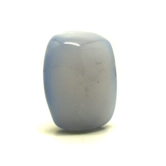 A polished pale blue chalcedony palm stone against a white background