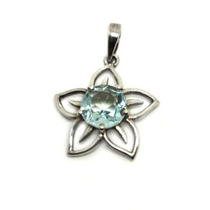A round faceted blue topaz gemstone set in a sterling silver flower pendant against a white background