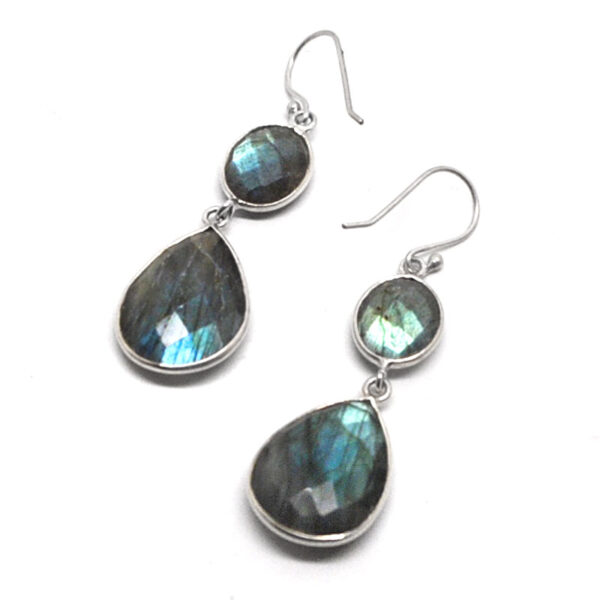 A pair of sterling silver earrings with faceted round labradorite cabochons at the top with faceted teardrop labradorite cabochons linked at the base against a white background