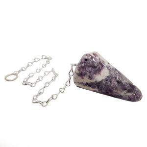 A lepidolite pendulum on a metal chain against a white background