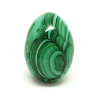 A piece of malachite carved and polished into an egg against a white background