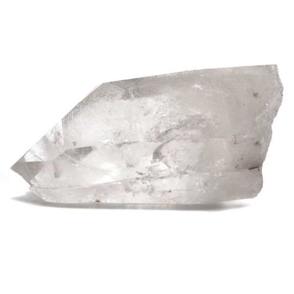 A clear quartz crystal against a white background