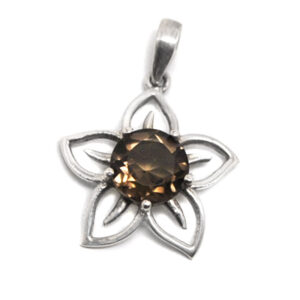 A sterling silver flower shaped pendant featuring a round-faceted smokey quartz gemstone against a white background