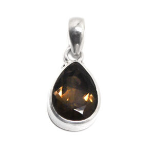 A sterling silver pendant set with a faceted smokey quartz teardrop gemstone against a white background