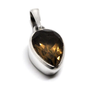 A sterling silver pendant set with a faceted smokey quartz teardrop gemstone against a white background