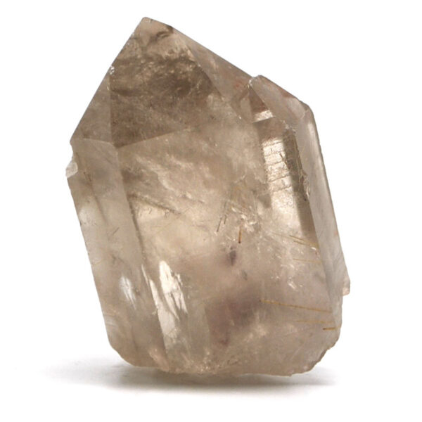 A smokey quartz crystal with golden rutile inclusions against a white background