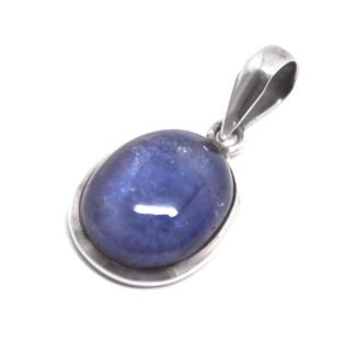 A sterling silver tanzanite pendant against a white background