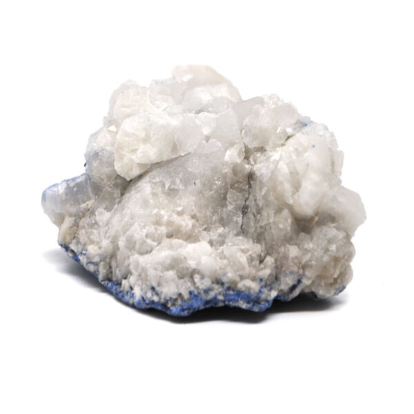 A cluster of white quartz with dumortierite inclusions against a white background