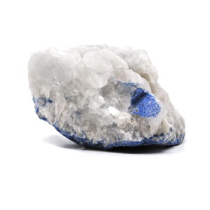 A cluster of white quartz with dumortierite inclusions against a white background