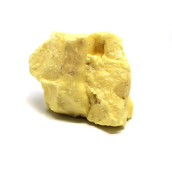 A rough sulfur specimen against a white background