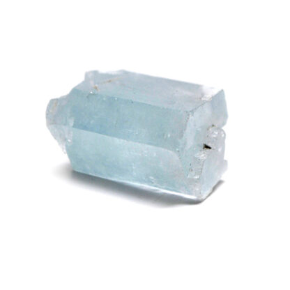A transparent gemmy blue aquamarine crystal with mica inclusions against a white background