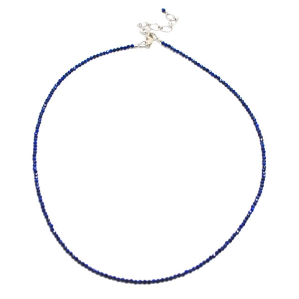 A lapis lazuli microbead necklace against a white background